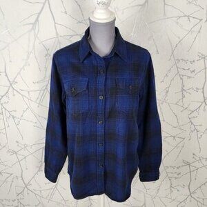 Tilley Blue Black Plaid 100% Cotton Button Front Flannel Shirt